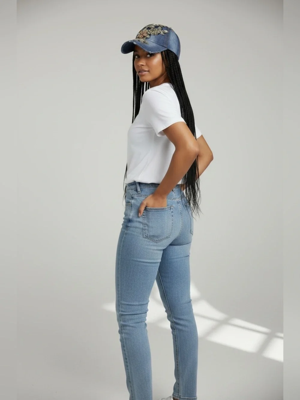 Denim Floral Embellished Baseball Cap - Blue